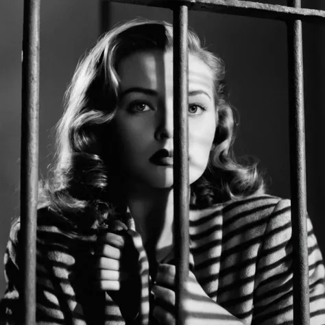 Film noir style, classic film noir style <lora:Classic Film Noir style:1> 
a woman is sitting behind bars in a jail cell,cinematic,film,Hollywood,crime,drama,dramatic,dramatic light,low light,dim light,low-key light,shadow,partially covered in shadow,window light,dark light,cynical,1940s,1950s,classic,vintage,retro,visual style,realistic,film still,black film,night light,blue hour,motion picture,filmmaking style,neorealism,classic film noir style,1girl,solo,looking at viewer,monochrome,greyscale,parted lips,lips,train interior, Monochrome, high contrast, dramatic shadows, 1940s style, mysterious, cinematic