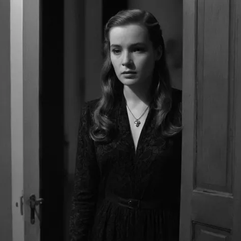 Film noir style, <lora:Classic Film Noir style:1>
a woman in a dress standing in front of a door,cinematic,film,Hollywood,crime,drama,dramatic,dramatic light,low light,dim light,low-key light,shadow,partially covered in shadow,window light,dark light,cynical,1940s,1950s,classic,vintage,retro,visual style,realistic,film still,black film,night light,blue hour,motion picture,filmmaking style,neorealism,classic film noir style,1girl,long hair,long sleeves,1boy,dress,holding,jewelry,standing,monochrome,greyscale,necktie,indoors,formal,door, double exposure, Monochrome, high contrast, dramatic shadows, 1940s style, mysterious, cinematic