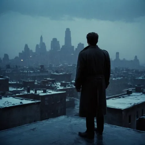Film noir style, classic film noir style <lora:Classic Film Noir style:1>
a man from behind standing on top of a roof in the rain,cinematic,film,Hollywood,crime,drama,dramatic,dramatic light,low light,dim light,low-key light,shadow,partially covered in shadow,window light,dark light,cynical,1940s,1950s,classic,vintage,retro,visual style,realistic,film still,black film,night light,blue hour,motion picture,filmmaking style,neorealism,classic film noir style,solo,1boy,standing,outdoors,from behind,coat,border,ground vehicle,building,scenery,snow,science fiction,snowing,city,cityscape,skyscraper, Monochrome, high contrast, dramatic shadows, 1940s style, mysterious, cinematic