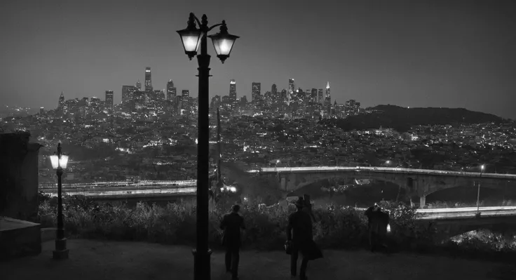 Film noir style, classic film noir style <lora:Classic Film Noir style:1>
a black and white photo of a bridge,cinematic,film,Hollywood,crime,drama,dramatic,dramatic light,low light,dim light,low-key light,shadow,partially covered in shadow,window light,dark light,cynical,1940s,1950s,classic,vintage,retro,visual style,realistic,film still,black film,night light,blue hour,motion picture,filmmaking style,neorealism,classic film noir style,hat,monochrome,greyscale,outdoors,multiple boys,ground vehicle,building,scenery,city,lamppost,crane (machine), Monochrome, high contrast, dramatic shadows, 1940s style, mysterious, cinematic