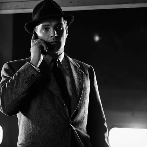 Film noir style, <lora:Classic Film Noir style:1>
a man in a suit and tie talking on a cell phone,cinematic,film,Hollywood,crime,drama,dramatic,dramatic light,low light,dim light,low-key light,shadow,partially covered in shadow,window light,dark light,cynical,1940s,1950s,classic,vintage,retro,visual style,realistic,film still,black film,night light,blue hour,motion picture,filmmaking style,neorealism,classic film noir style,solo,1boy,hat,standing,jacket,monochrome,greyscale,male focus,night,formal,suit,ground vehicle,building,motor vehicle,city,car
, Monochrome, high contrast, dramatic shadows, 1940s style, mysterious, cinematic