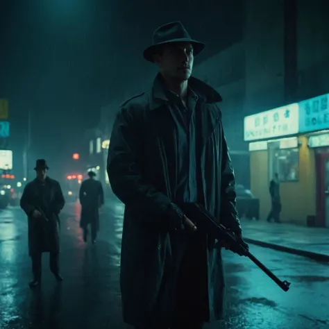 Neon noir, classic film noir style <lora:Classic Film Noir style:1>
a man walking down a city street at night,cinematic,film,Hollywood,crime,drama,dramatic,dramatic light,low light,dim light,low-key light,shadow,partially covered in shadow,window light,dark light,cynical,1940s,1950s,classic,vintage,retro,visual style,realistic,film still,black film,night light,blue hour,motion picture,filmmaking style,neorealism,classic film noir style,hat,holding,monochrome,weapon,greyscale,outdoors,multiple boys,holding weapon,gun,night,ground vehicle,building,holding gun,scenery,baseball cap,rain,city,silhouette,road,multiple others,lamppost,street, from behind, Cyberpunk, dark, rainy streets, neon signs, high contrast, low light, vibrant, highly detailed