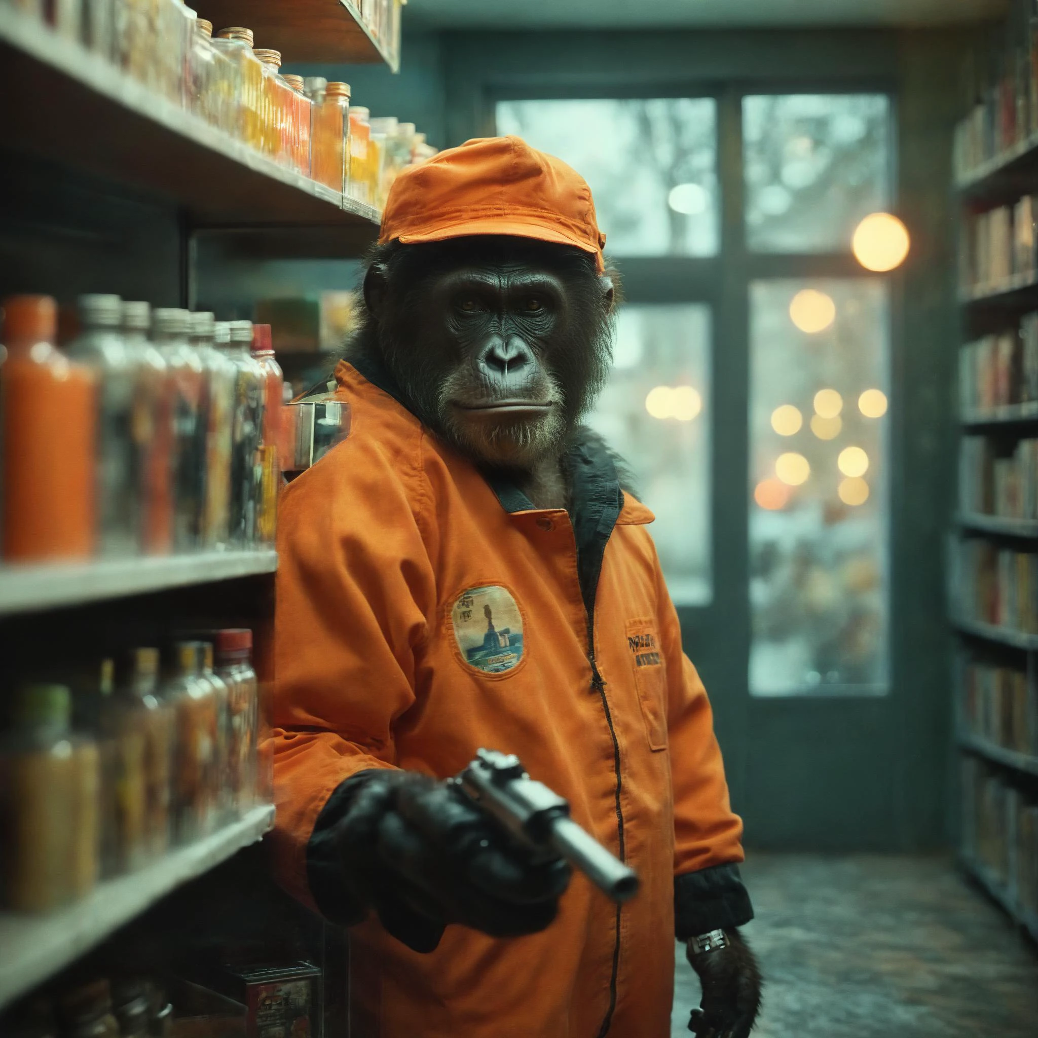 (Cool:1.4) cold tones, Closeup portrait, cinematic film still of Grainy Cinematic Film stock footage in (arri alexa style) Kodak film print, A detailed interior of a convenience store scene with a serious anthropomorphic angry gorilla in an orange astronaut suit with helmet visor holding a revolver in its right hand, a pressure gauge on chest, standing next to shelves of magazines and goods, bottles in the background under ceiling lights, entrance door out to the night city lights, high budget, cinemascope, moody, epic, gorgeous, film grain, grainy, <lora:Classic Film Noir style:1.5> Classic Film Noir style, (shallow depth of field:1.8),(detailed bokeh:1.8), (big swirly bokeh:1.8), (petzval:1.8), (out of focus lights:1.8), <lora:Toy_Camera:0.5> <lora:InstantPhotoX3:1.8> <lora:CinEro-Anatomy-LoRa-XL_v1.1:1> <lora:cinero-loha-xl.safetensors:1>