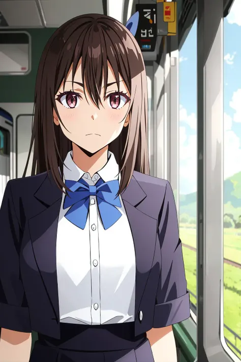 tensura, shirt, 1girl, collared shirt, long hair, train interior, white shirt, bow, brown hair, short sleeves, letterboxed, bangs, solo, closed mouth, facing viewer, blurry, school uniform, blue bow, dress shirt, upper body, depth of field, hair between eyes, blurry background, bowtie, ground vehicle, indoors, ((masterpiece)) <lora:tensura_offset:1>