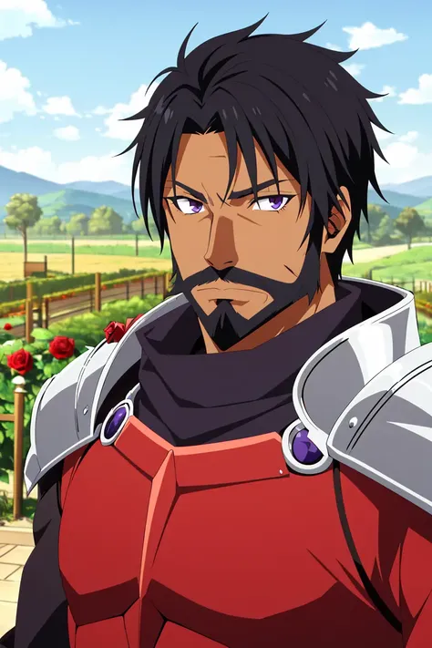 tensura, 1boy, male focus, solo, beard, facial hair, black hair, dark skin, rose, dark-skinned male, looking at viewer, fence, flower, purple eyes, armor, portrait, short hair, mature male, upper body, red rose, ((masterpiece)) <lora:tensura_offset:1>