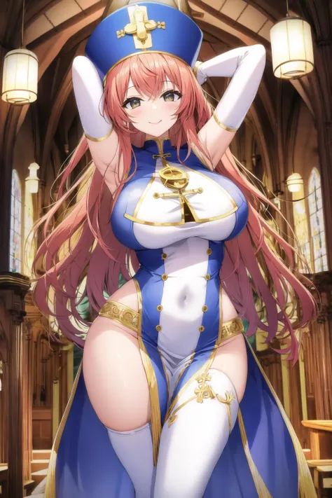 church, indoors, mitre, large breasts, wide hips, smile, looking at viewer, <lora:Mitre:0.6>