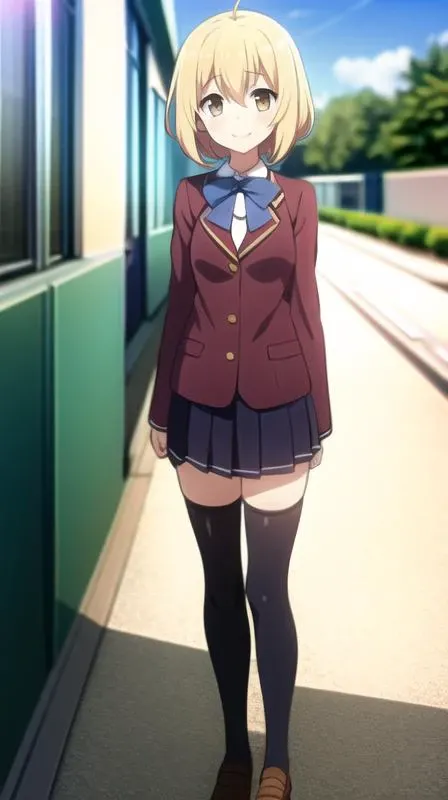 1girl,solo,school uniform,red jacket,brown skirt,plaid skirt,pleated skirt,school bag,bowtie,white thighhighs,hair ribbon,
blonde hair,brown hair,short hair,short hair with long locks,twin braids,sidelocks,ahoge,
brown eyes,smile,
looking at viewer,standing,
indoors,classroom,school desk,