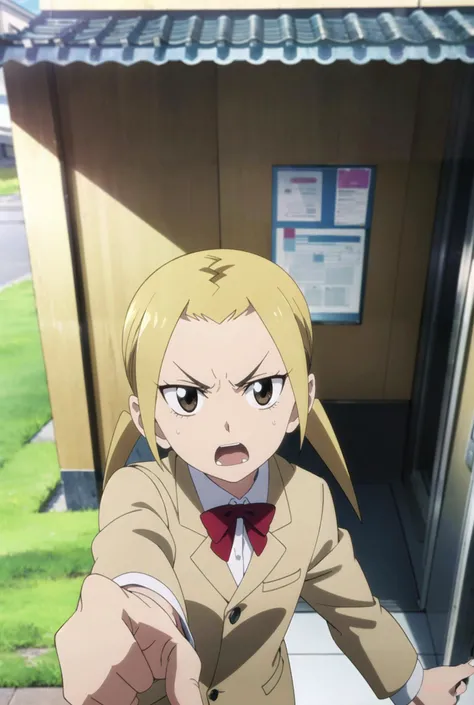 1girl, short girl, suzu hagimura, <lora:suzu:0.8> , aerial view, angry eyebrows, pointing at viewer,, (anger vein), standing, leaning forward, looking up,