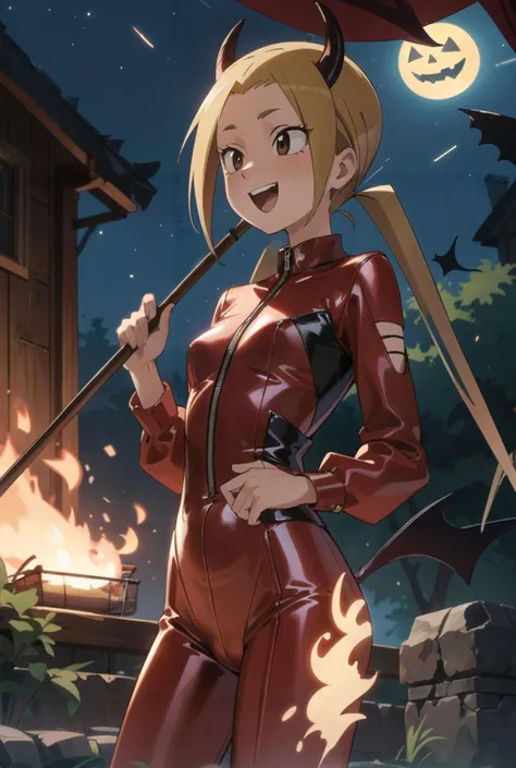 1girl, short girl, suzu hagimura, <lora:suzu:0.8> , holding devil staff, red devil latex suit, devil horns, confident pose, laughing, fire, night, Halloween,