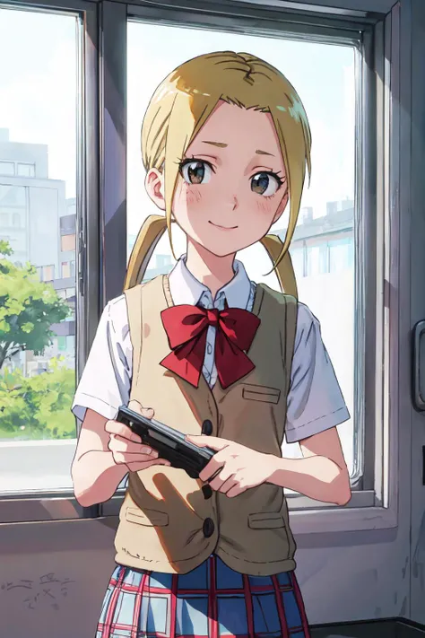 suzu hagimura,(best quality, masterpiece, RAW photo,ultra-detailed:1.2), <lyco:GoodHands-beta2:1.0>,1girl,solo,looking at viewer,smile <lyco:suzu-11:0.7> Fixhand,
school uniform, plaid skirt,