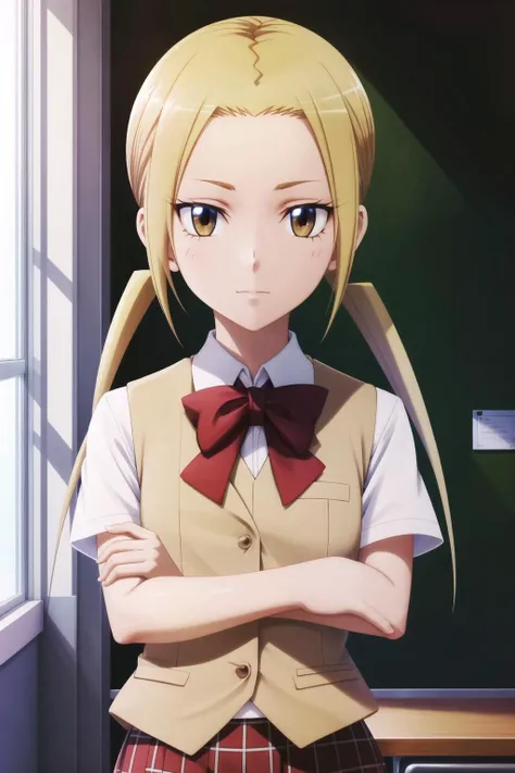 (extremely detailed CG unity 8k wallpaper), (masterpiece), (best quality), (ultra-detailed), (best illustration), (best shadow), (absurdres), 1girl, solo, <lora:suzu-11:0.8>, suzu hagimura, school uniform, plaid skirt, vest, short sleeves, looking at viewer, classroom, closed mouth, arms at sides
