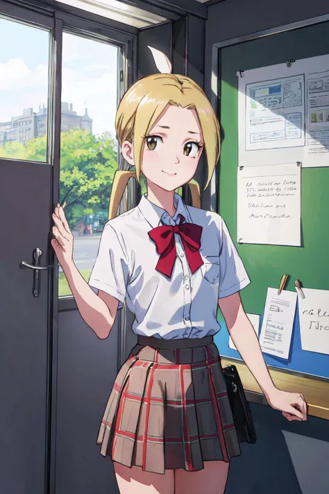 suzu hagimura,(best quality, masterpiece, RAW photo,ultra-detailed:1.2), <lyco:GoodHands-beta2:1.0>,1girl,solo,looking at viewer,smile <lyco:suzu-11:0.75> Fixhand,
school uniform, plaid skirt,