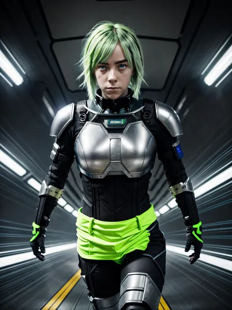 ( portrait photo:1.2) of (blsh:1.0), interested ,neon green hair,closeup, interested , in black armor,cinematic angle,(running through space station corridor:1.1),(explosions:1.2) in the back,eyes almost closed<lora:BillieEilishDogu:1>