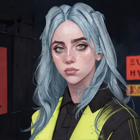 (high quality), (linyada_lora), (blsh, Billie Eilish), city behind, standing, portrait, nighttime, neon lights, <lora:Linyada_lora-10:0.8>, <lora:BillieEilishDogu:0.7>