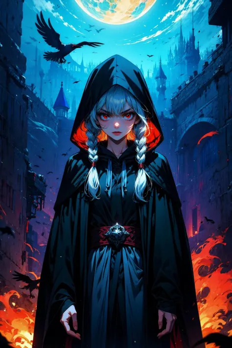 (masterpiece:1.4), (intricate:1.2), (detailed:1.2), (vibrant colors:1.2), BREAK,
(fantasy:1.2), (cowboy shot:1.0), BREAK,
(dark priestess:1.2), (solo:1.2), (black robe:1.2), (serious face:1.0), (hood:1.2), (long white hair:1.1), (twin braids:1.0), (red eyes:1.0), <lora:RuinsAndLight:0.6>, BREAK,
(crows everywhere:1.2)