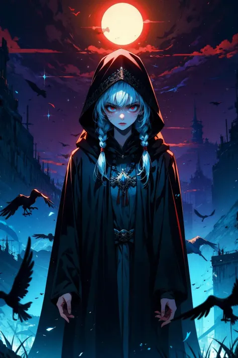 (masterpiece:1.4), (intricate:1.2), (detailed:1.2), (vibrant colors:1.2), BREAK,
(fantasy:1.2), (eerie:1.1), (cowboy shot:1.0), BREAK,
(dark priestess:1.2), (solo:1.2), (pale skin:1.0), (black robe:1.2), (serious face:1.0), (hood:1.2), (covered head:1.0), (long white hair:1.1), (twin braids:1.0), (red eyes:1.0), <lora:RuinsAndLight:0.7>, BREAK,
(crows everywhere:1.1), (surrounded by crows:1.1), (crows:1.1)