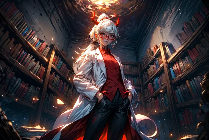(1girl, solo), demon girl, demon horn, white hair, long hair, red-tinted eyewear, red glasses, transparent glasses, googles, red eyes, ponytail, demon tail, (white lab coat), black suit, regal house, luxurious home, fancy living room, library, books, black tail , <lora:RAL:1>, <lora:more_details:0.8>, (masterpiece:1.2, best quality:1.2), ((masterpiece)), (((best quality))), ((ultra-detailed)), ((illustration)), anatomy