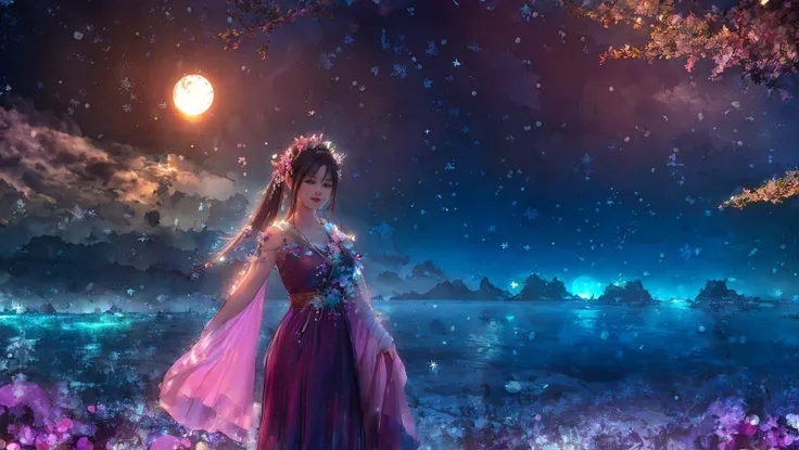 realistic,  masterpiece, best quality, high quality, extremely detailed CG unity 8k wallpaper,  Bokeh, Depth of Field, HDR, bloom, Chromatic Aberration ,Photorealistic,extremely detailed, trending on artstation, trending on CGsociety, Intricate, High Detail,
1girl, milf, cowboy shot,  feet out of frame, dress, cloak, ponytail, long hair, medium breasts, hair ornament,  hair flower, light smile, looking away,   , (((RUINS))), dramatic, art by midjourney, fog, fantasy, mythology, pink leaf, snowing, ice, night sky, full moon, starry sky,  flowering, landscape, water, tanabata,

<lora:ruinsAndLight_v10:1>