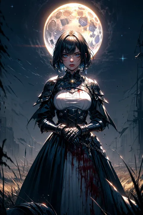 (masterpiece:1.1), (best quality:1.1), (muted colors:1.1), BREAK, (dark fantasy:1.1), (eerie:1.1), (gloomy:1.1), (horror:1.0), (glowing:1.0), BREAK, (solo:1.2), (goth girl:1.0), (bob cut:1.0), (armor:1.0), (frilled skirt:1.0), (pauldrons:1.0), (gauntlets:1.0), (sword:1.0), (looking at viewer:1.0), (covered in blood:1.2), (blood:1.2), (exhausted:1.2), (tired:1.2), (serious:1.0), BREAK, (starry night:1.2), (moonlight:1.1), (full moon:1.0), <lora:RuinsAndLight:0.6>