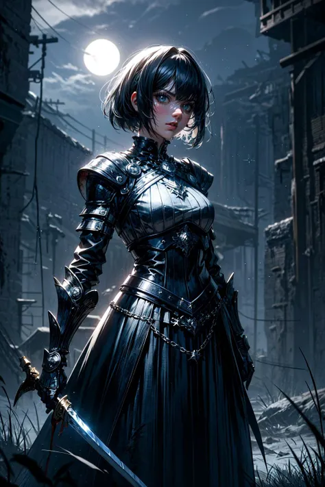 (masterpiece:1.1), (best quality:1.1), (muted colors:1.1), BREAK, (dark fantasy:1.1), (eerie:1.1), (gloomy:1.1), (horror:1.0), (glowing:1.0), BREAK, (solo:1.2), (goth girl:1.0), (bob cut:1.0), (armor:1.0), (frilled skirt:1.0), (pauldrons:1.0), (gauntlets:1.0), (sword:1.0), (looking at viewer:1.0), (covered in blood:1.2), (blood:1.2), (exhausted:1.2), (tired:1.2), (serious:1.0), BREAK, (starry night:1.2), (moonlight:1.1), (full moon:1.0), <lora:RuinsAndLight:0.6>