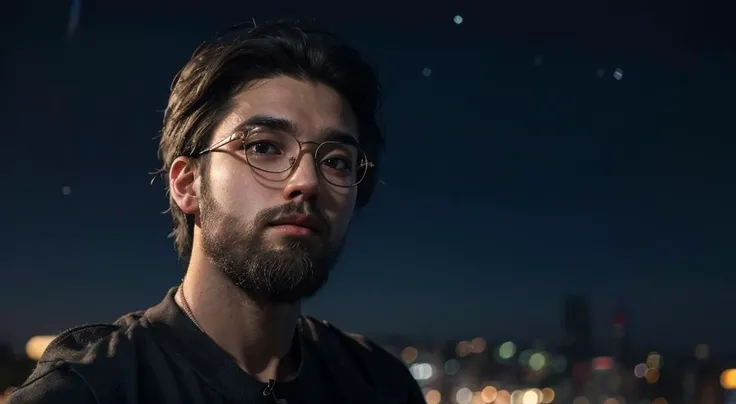 masterpiece, best quality, 8K, sharp focus ,sky full of stars, milky way galaxy light ,realistic stars, stars shining, star trail , bokeh, city light bokeh, no hair
