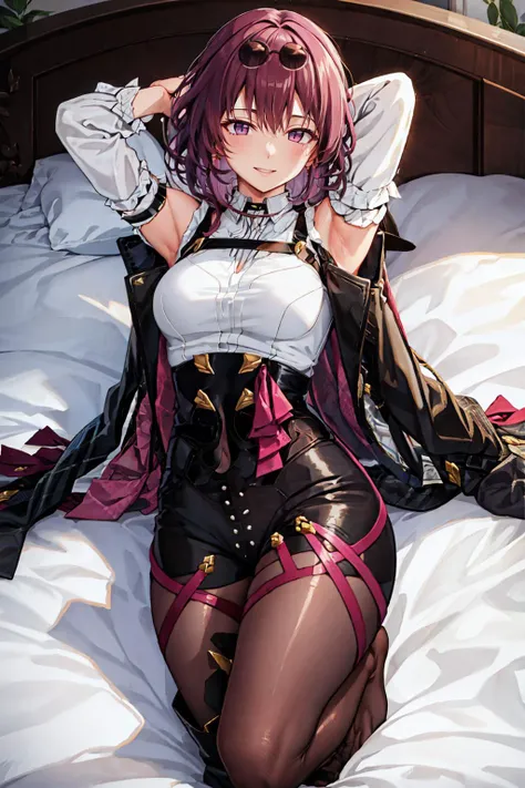masterpiece, best quality, <lora:kafka-nvwls-v1-final:0.9> kafka, purple eyes, sunglasses on head, black jacket, collared shirt, black shorts, pantyhose, seiza, bed, arms behind head, smile <lora:fujimaru-style:1>