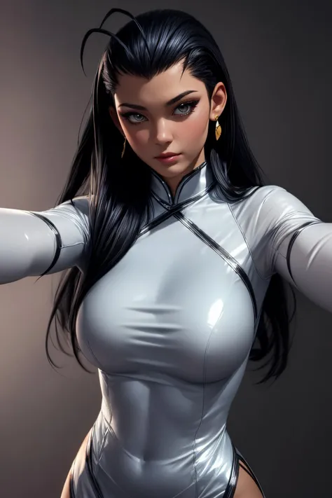 (ultra realistic,32k,RAW photo:1.1),(high detailed skin:1.1), 8k uhd, dslr, high quality, film grain, (makeup, mascara:1.1), lips,(thick\lips\),
(shiny glossy translucent clothing:1.1), <lora:kakouen_myousai:0.7>kokouen_wz, black hair, long hair,antenna hair, fingerless gloves, brown gloves, chinese clothes, china dress, white dress, ahoge, hair slicked back, magatama earrings, dress, <lora:add_detail:0.86>,
selfie posing,
(busty:1.1) , (chubby:0.1),(soft shaded:1.2),<lora:LowRA:0.4>, dark theme, blank background
