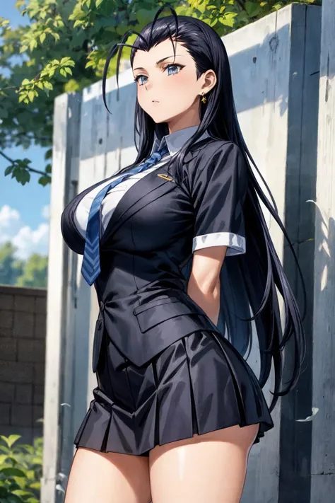 <lora:more_details:0.5>, <lora:kakouen-07:0.8> kokouen_wz, black hair, long hair, antenna hair, ahoge, hair slicked back, magatama earrings, school uniform, short sleeves, tie, miniskirt, pleated skirt, cowboy shot, large breasts, outdoors,, 1girl, (masterpiece:1.3), (high resolution), (8K), (extremely detailed), (4k), (pixiv), perfect face, nice eyes and face, (best quality), (super detailed), detailed face and eyes, (solo), textured skin, absurdres, highres