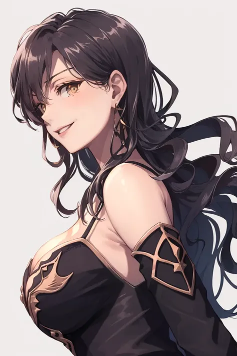 <lora:Sonia_FE-10:0.8> sonia fe, 1girl, solo, long hair, looking at viewer, smile, large breasts, simple background, dress, cleavage, bare shoulders, jewelry, upper body, earrings, detached sleeves, grey background, black dress