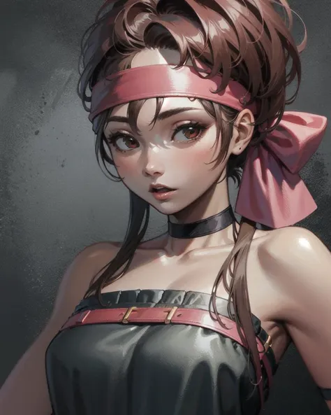 (masterpiece, best quality, high resolution, unity 8k wallpaper, extremely detailed CG:1), (illustration:1.0), upper body, portrait,   momokoms, 1girl, solo, headband, choker, black tube top, bare shoulders,   <lora:MomokoMS:1>