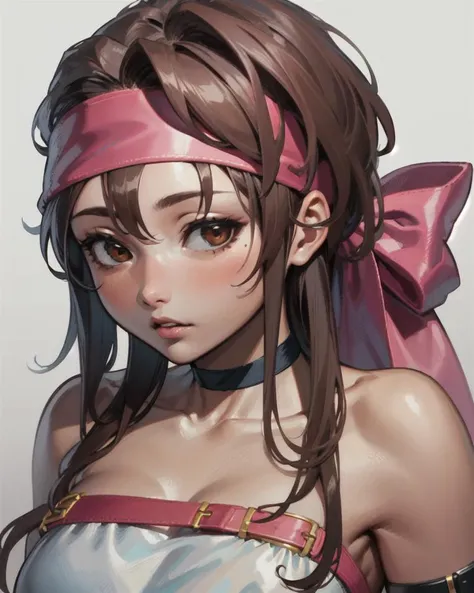 (masterpiece, best quality, high resolution, unity 8k wallpaper, extremely detailed CG:1), (illustration:1.0), upper body, portrait, momokoms, 1girl, solo, headband, choker, black tube top, bare shoulders, <lora:MomokoMS:1>