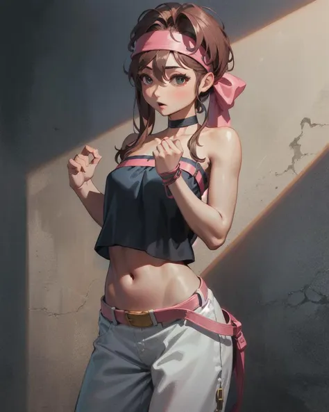 (masterpiece, best quality, high resolution, unity 8k wallpaper, extremely detailed CG:1), (illustration:1.0), cowboy shot, momokoms, 1girl, solo, headband, choker, black tube top, midriff, navel, bare shoulders, belt, barefoot,pants, <lora:MomokoMS:1>