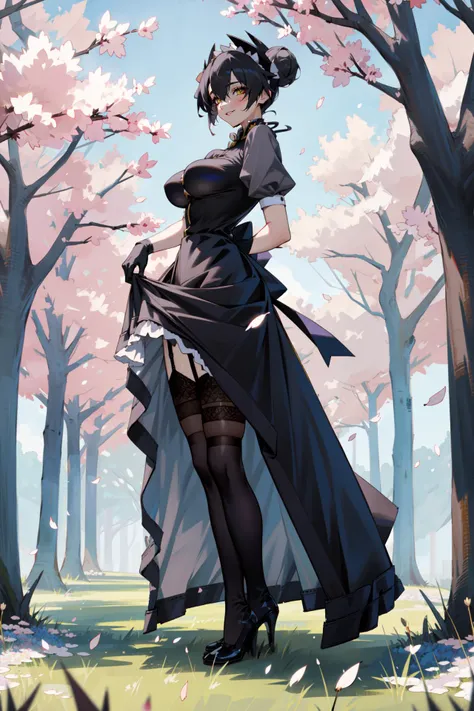 8k, (masterpiece:1.3), (best quality:1.2), (high resolution), (intricate detail:1.2), (1lady), solo, <lora:Agent:0.82>, agentsangvis, mature female, (sharp eyeliner, eyeshadow, detailed eyes:1.1), yellow eyes, (large breasts:1.2), (greetings:1.3), skirt lift, (ribbon behind back), (long skirt:1.2), (black thighhighs), (black garter straps), (garter belt), (black high heels), (outdoors), (falling petals:1.4), (cherry blossoms:1.2), tree, (grass), (blue sky, sun), (sunlight:1.2), (full body:1.2), smile