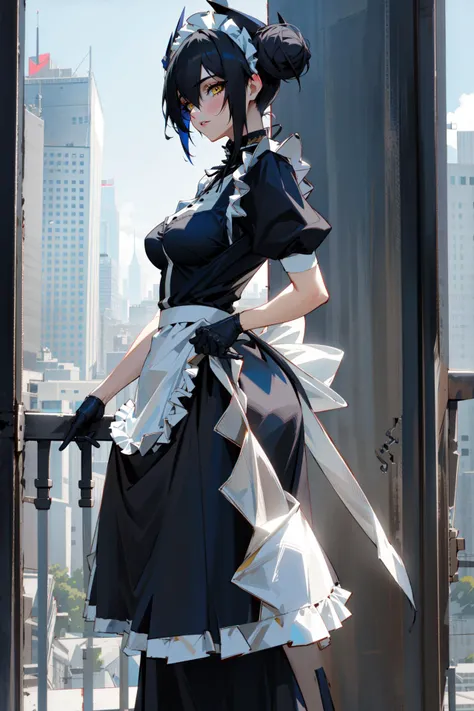 8k, (masterpiece:1.3), (best quality:1.2), (high resolution), (intricate detail:1.2), (1lady), solo, <lora:Agent:0.86>, agentsangvis, mature female, (sharp eyeliner, eyeshadow, detailed eyes:1.1), yellow eyes, (breasts), (greetings:1.3), skirt lift, (ribbon behind back), (black dress, maid apron), ((long skirt)), (office, curtain wall, wideframe), (skyscraper, cityscape), (blue sky, sun), (sunlight:1.2), (from front)