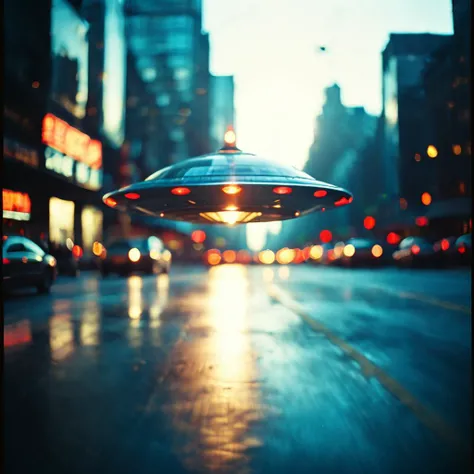 an Ufo in NY  <lora:Toy_Camera:0.8>,  film, bokeh, professional, blur, lomo