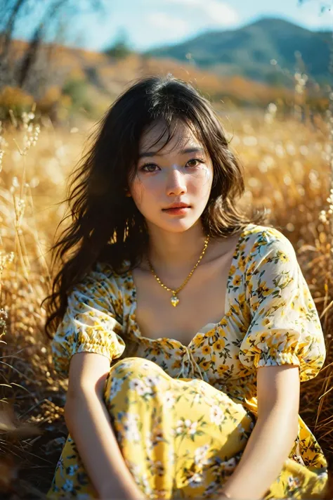 STYLE(A1111), cinematic film still A 19 year old girl sitting in tall, dead yellow grass in an autumn wilderness, wearing a short-sleeved floral dress-length muumuu, long, fluffy hair falling down her chest, cute Korean face, (blissful, carefree, enticing:1.3), (beautiful eyes), perfect face, cleavage, necklace, blurred low, dead yellow hills in the distance, sky, foreground blur: 1.3), depth of field . shallow depth of field, vignette, highly detailed, high budget, bokeh, cinemascope, moody, epic, gorgeous, film grain, grainy, [<lora:Toy_Camera:0.8>film, bokeh, professional, blur, lomo::0.3,1]
