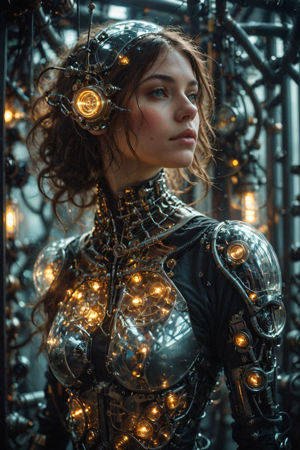(beautiful young woman steampunk robot:1.2) made of transparent skin, (revealing the intricate inner mechanism within your body:1.4), surrounded with glowing tubes inside an incubator of steampunk factory steam pipes, rendered by beeple, by syd meade, by android jones, by yoanne lossel, by artgerm and greg rutkowski,space art concept, sci - fi, digital art, surreal cooper filigree, broken glass, wlop, trending artstation,RAW photo, 8k uhd, dslr, soft lighting, high quality, film grain, Fujifilm XT3 <lora:aesthetic_anime_v1s:1> <lora:Toy_Camera:0.4>