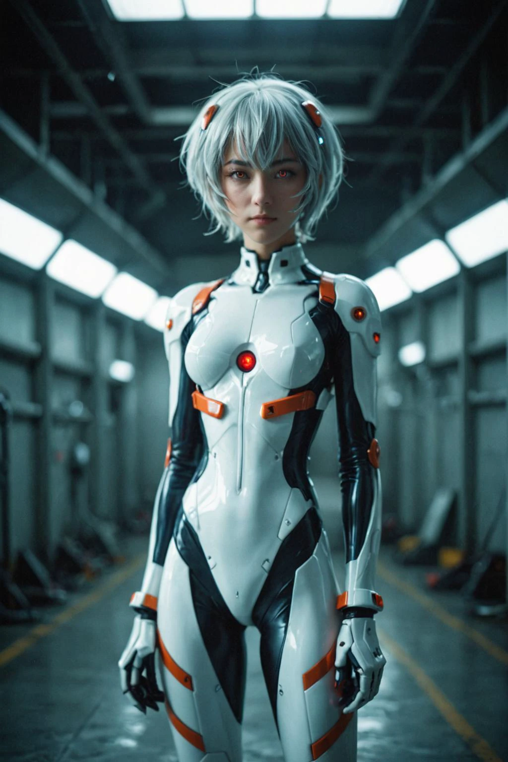 Rei Ayanami from Neon Genesis Evangelion, beautiful Japanese teenage woman, white suit, real girl, she is in an ultra-futuristic military hangar, masterpiece, ultra detailed, photorealistic, cinematic lighting <lora:Toy_Camera:0.5>