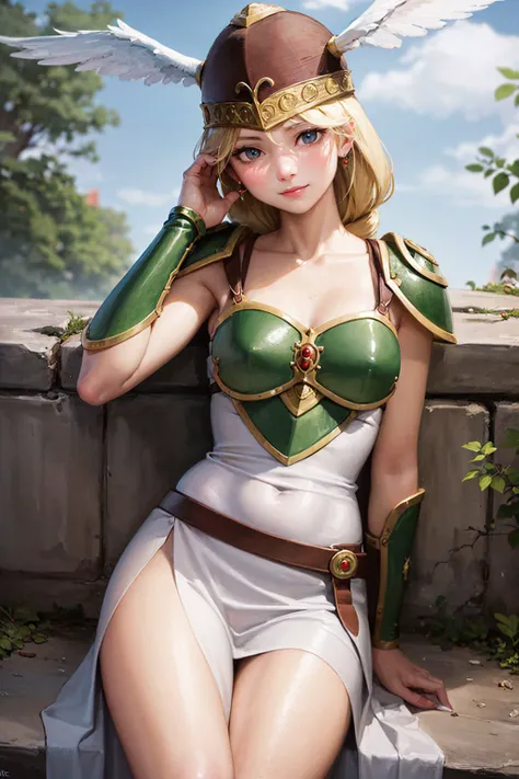 (masterpiece, best quality:1.2), <lyco:valkyrienodensetsu_valkyrie-11:0.9>, cowboy shot, solo, 1girl, vndvalkyrie, slight smile, closed mouth, looking at viewer, hand on own face, single braid, winged helmet, armored dress