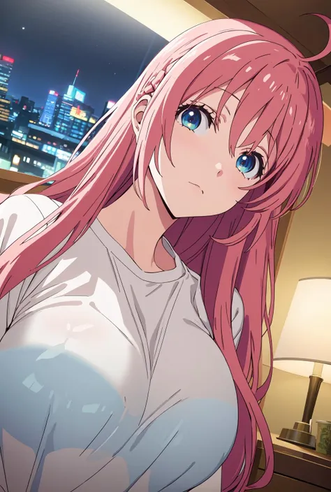 (best quality), (masterpiece), atena_saotome, ahoge, large breasts, oversized shirt, bedroom, night, looking at viewer, <lora:atena_saotome:1>