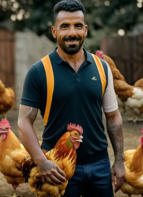 portrait of sks man (tevez:1), holding a (chicken in arms:1.3), (outdoors:1.2), natural lighting, 4k, 8k, 8k realistic, sharp focus, intricate, high resolution <lora:tevez:0.9>