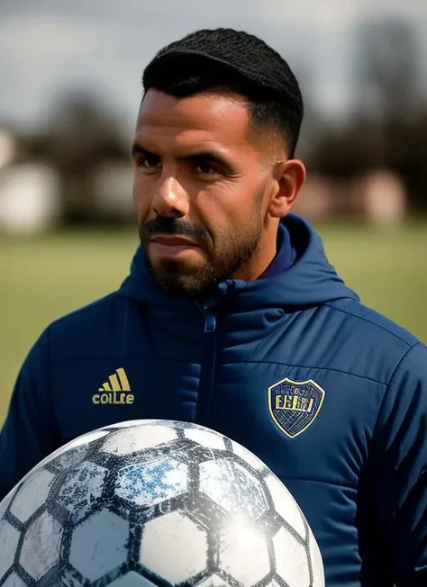 portrait of sks man (tevez:1), serious look with very short hair, dressed with blue jacket, holding a (soccer ball:1.3), (outdoors:1.2), natural lighting, 4k, 8k, 8k realistic, sharp focus, intricate, high resolution <lora:tevez:1>