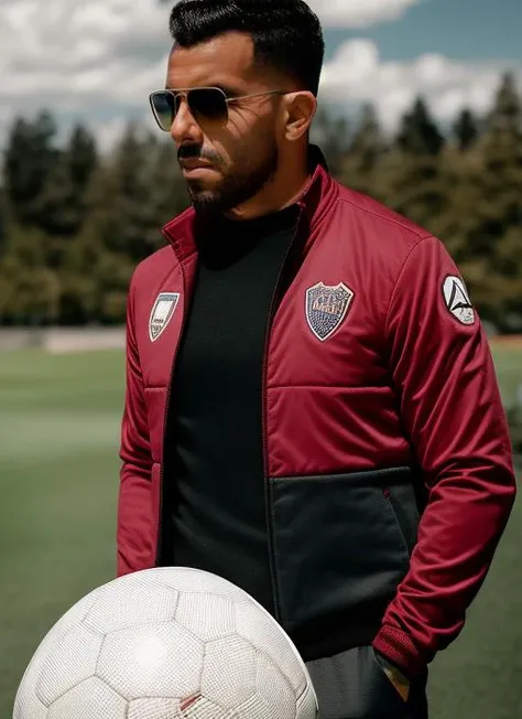 portrait of sks man (tevez:1), serious look with very short hair, dressed with red jacket and aviator glasses, holding a (soccer ball:1.3), (outdoors:1.2), natural lighting, 4k, 8k, 8k realistic, sharp focus, intricate, high resolution <lora:tevez:1>