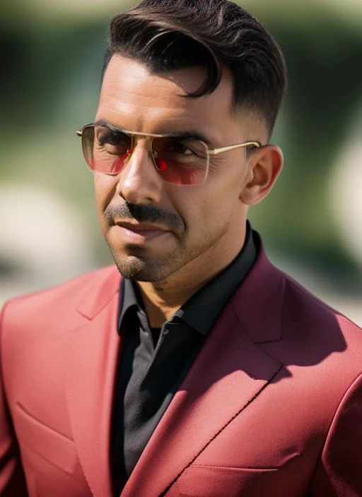 portrait of sks man (tevez:1), serious look with very short hair, dressed with red suit and aviator glasses, (outdoors:1.2), natural lighting, 4k, 8k, 8k realistic, sharp focus, intricate, high resolution <lora:tevez:1>