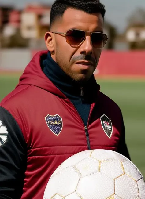 portrait of sks man (tevez:1), serious look with very short hair, dressed with red jacket and aviator glasses, holding a (soccer ball:1.3), (outdoors:1.2), natural lighting, 4k, 8k, 8k realistic, sharp focus, intricate, high resolution <lora:tevez:1>