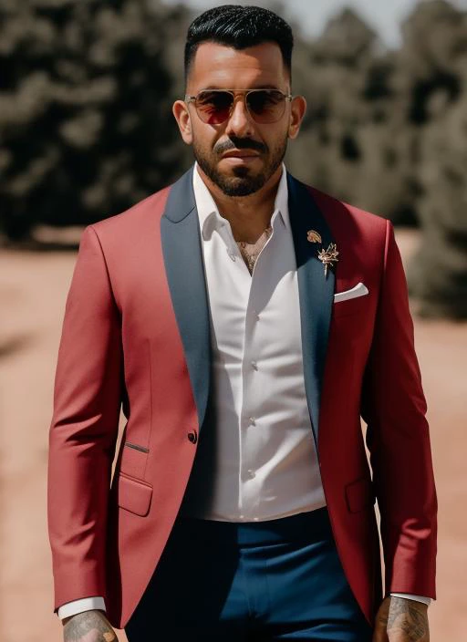 portrait of sks man (tevez:1), serious look with very short hair, dressed with red suit and aviator glasses, (outdoors:1.2), natural lighting, 4k, 8k, 8k realistic, sharp focus, intricate, high resolution <lora:tevez:1>