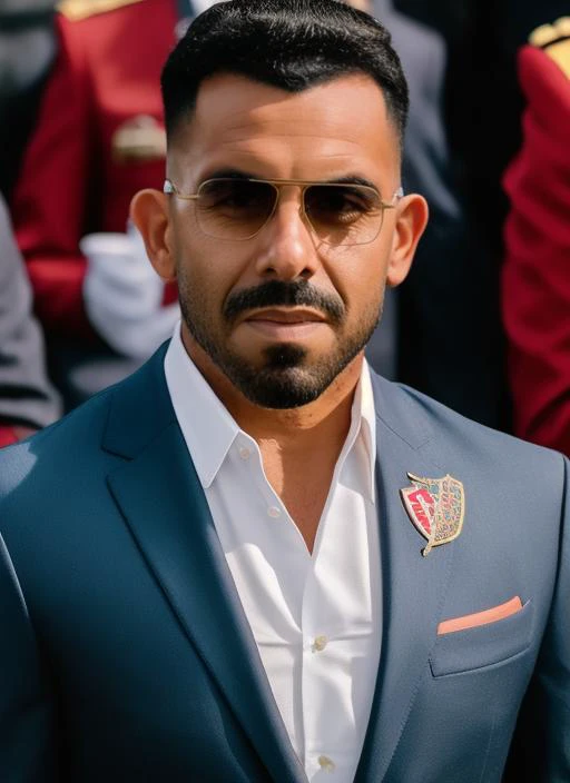 portrait of sks man (tevez:1), serious look with very short hair, dressed with red suit and aviator glasses, (outdoors:1.2), natural lighting, 4k, 8k, 8k realistic, sharp focus, intricate, high resolution <lora:tevez:1>