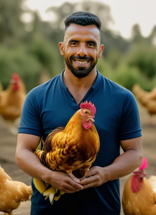 portrait of sks man (tevez:1), holding a (chicken in arms:1.3), (outdoors:1.2), natural lighting, 4k, 8k, 8k realistic, sharp focus, intricate, high resolution <lora:tevez:1>