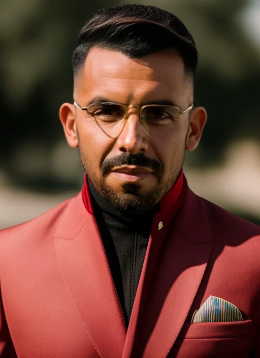 portrait of sks man (tevez:1), serious look with very short hair, dressed with red suit and aviator glasses, (outdoors:1.2), natural lighting, 4k, 8k, 8k realistic, sharp focus, intricate, high resolution <lora:tevez:1>