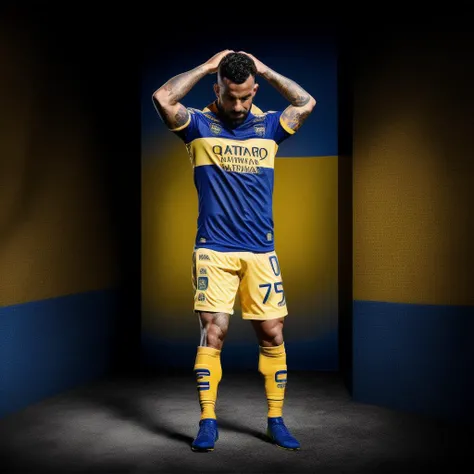 portrait of sks man (tevez:1), football jersey with blue and yellow colors, with the arms in the head, (outdoors:1.2), natural lighting, 4k, 8k, 8k realistic, sharp focus, intricate, high resolution <lora:tevez:1>